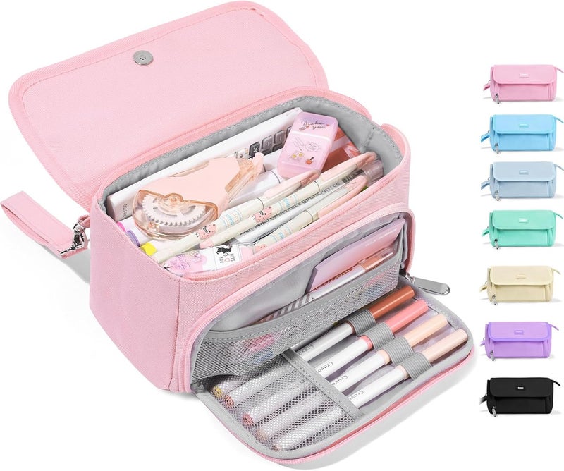Sooez Super Large Pencil Case, Big Capacity Pencil Bag with 3 Compartments, Hold 200 pencils, Cute Pencil Pouch with Zipper, Portable Stationery Pen Bag, Aesthetic School Supplies For Girls, Pink - Image 1